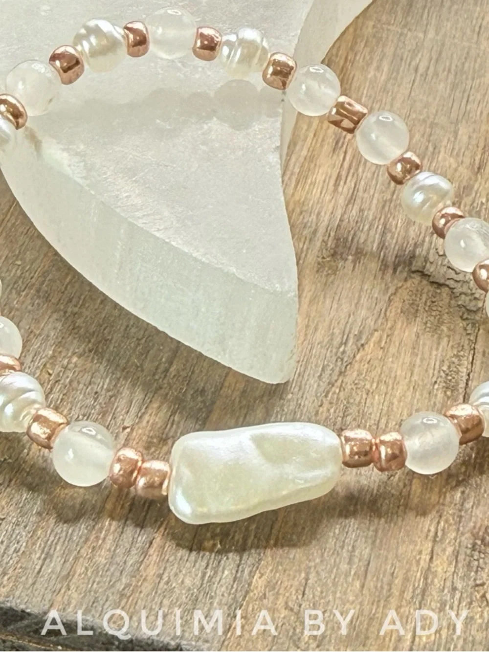 6mm Selenite beaded handmade bracelet with pearl accents and rose gold